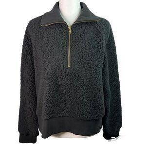 PINK Victoria Secret Sherpa Fleece Pullover 3/4 Zip Crop Black Sweater  Sz L